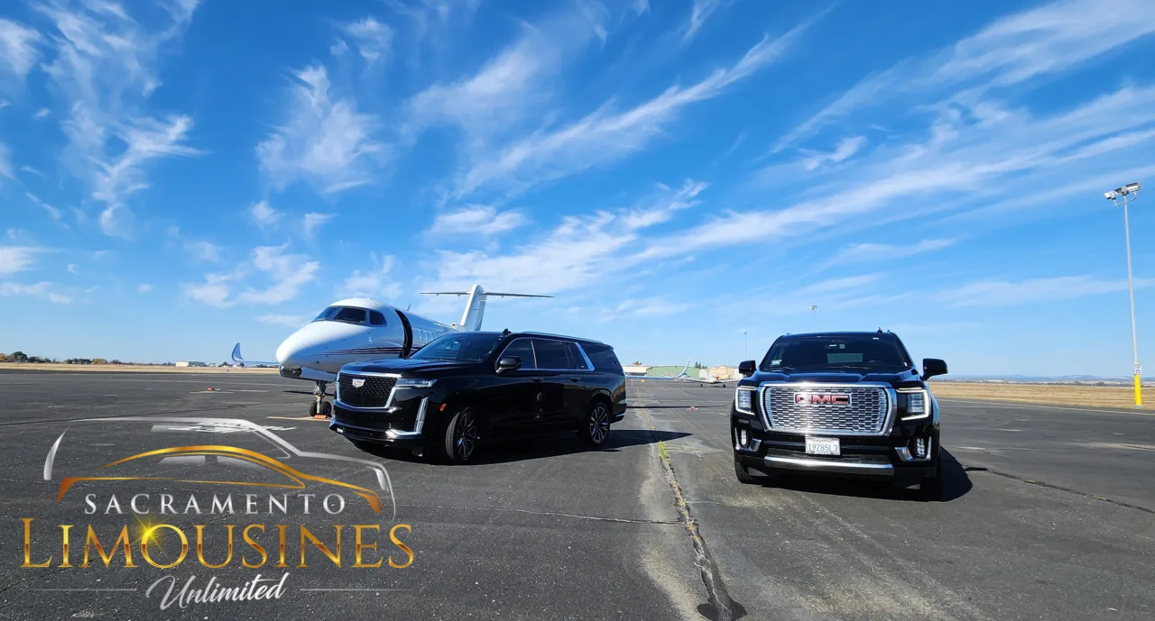 2 Premium full size Luxury Suvs on the tarmac at Lincoln Regional Airport (LHM)
