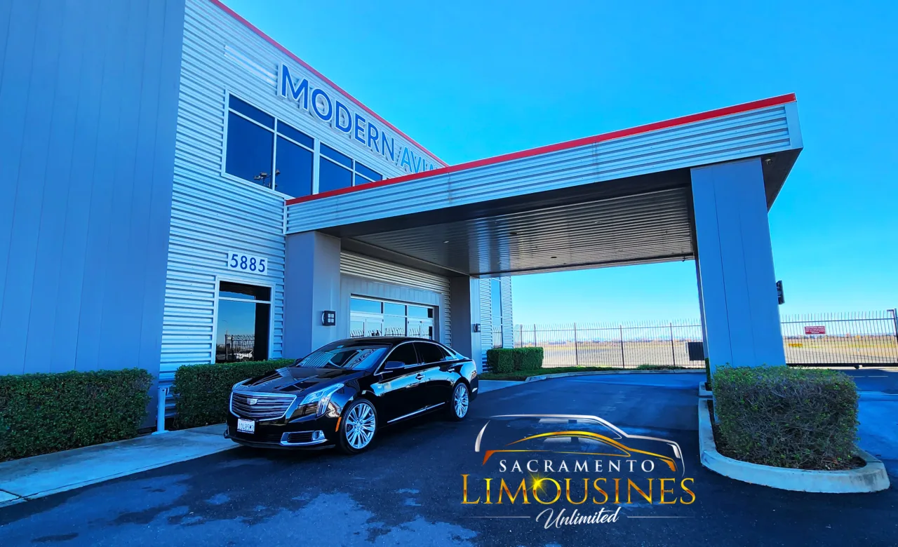 Executive Luxury Sedan In front of Modern Aviation at the Sacramento International Airport (SMF)