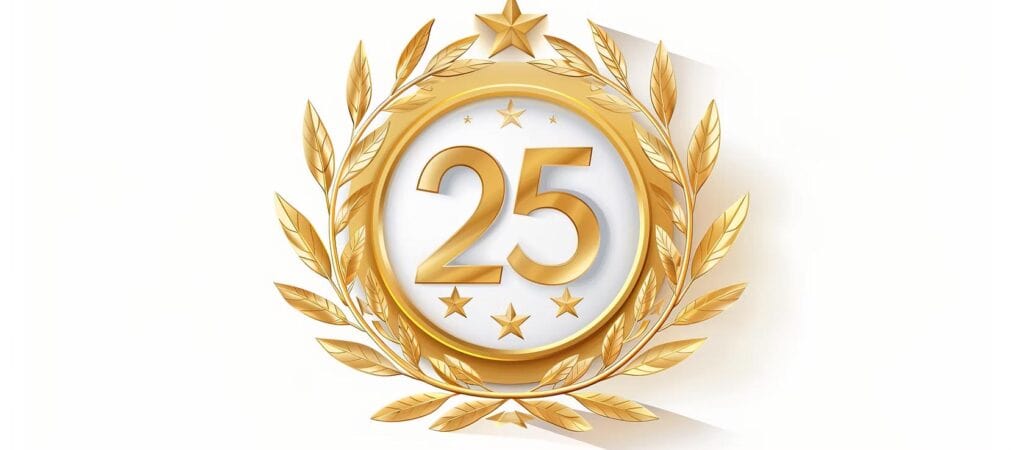 Golden 25th anniversary emblem with laurel wreath for Sacramento Limousine Unlimited.