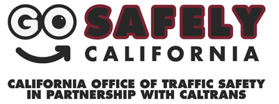Go Safely California traffic safety campaign logo with slogan and partnership info.